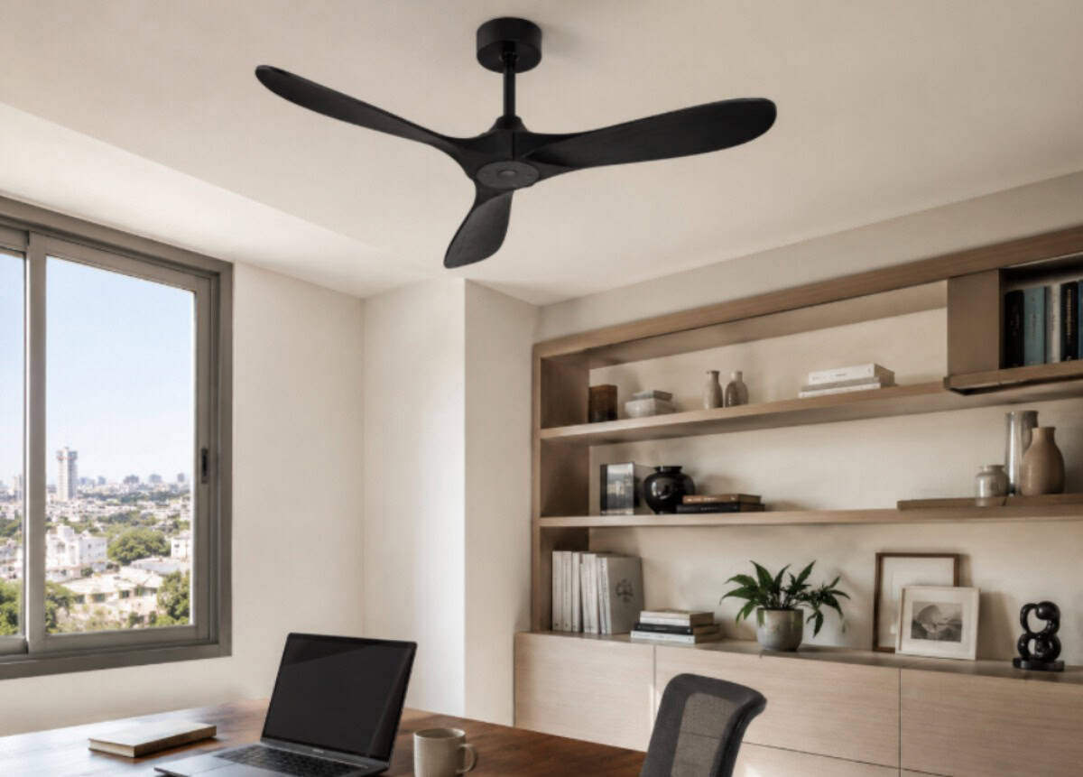 Black ceiling fan above modern home office desk